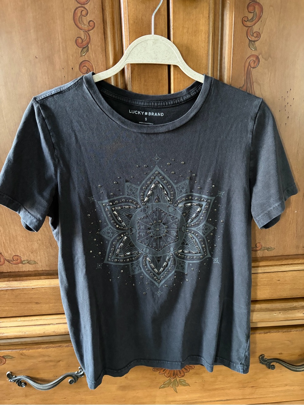 Lucky Brand Black Short-Sleeve Tee with Embellished Mandala